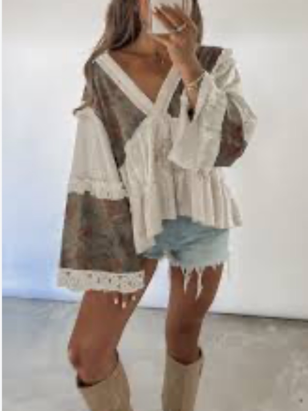 POL Boho Patchwork V‑Neck Ruffle Blouse in Cream and Olive Brown - Picture 2 of 7